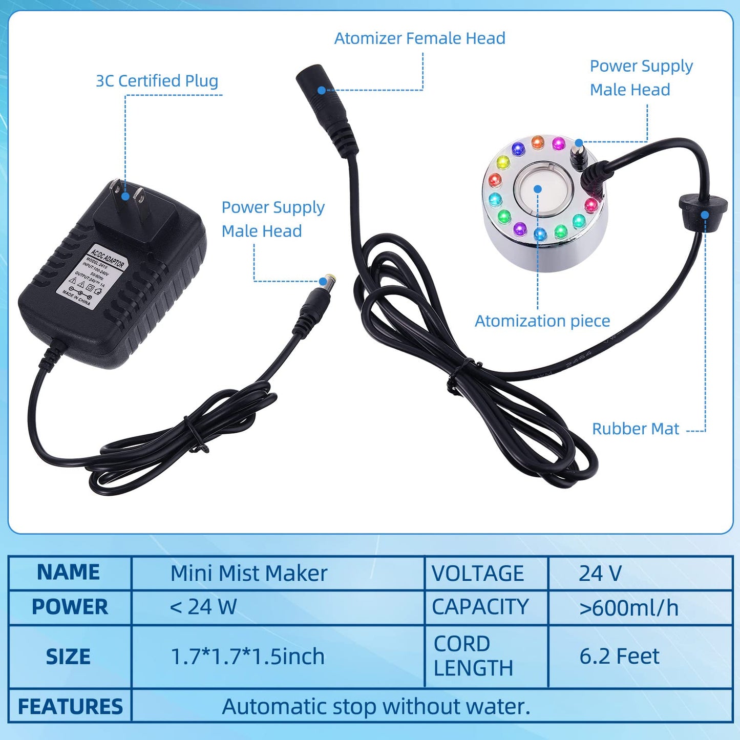 2 Pcs Mist Maker Fogger Small Ultrasonic Fog Machine Fountain Halloween Cauldron Mister Fogger Water Garden Pond Foggers Air Humidifier with 12 LED Light Flashes for Party(Light, Alloy)