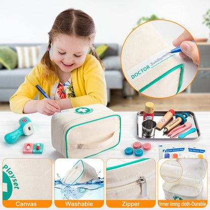 Sundaymot Kids Doctor Kit Toy with Real Wooden Stethoscope, Thermometer, Syringe and Practical Items for Children Role Play Medical, Gift for 3 4 5 Years Boys Girls
