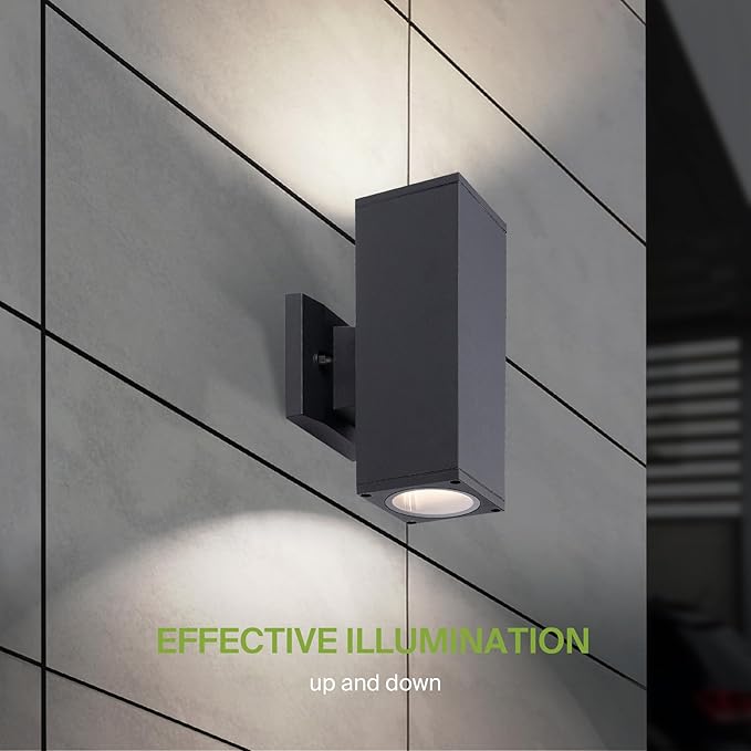 ASD 2 Light Square Dusk to Dawn Outdoor Wall Light Fixture | 120W E26 Socket 120V ETL Cylinder Up Down Lights | LED/CFL/Incandescent Bulb Exterior Wall Sconce | Front Door, Porch Patio | Black