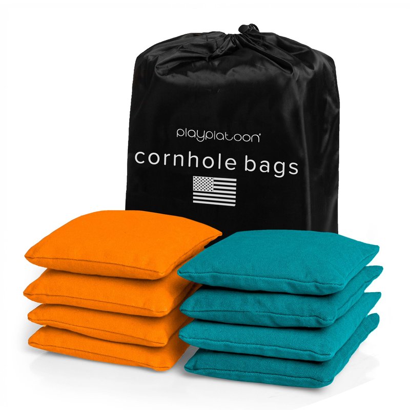 Play Platoon Weather Resistant Cornhole Bags - Set of 8 Regulation Corn Hole - Orange & Teal - Durable Duck Cloth Corn Hole for Tossing Game, Includes Tote Bag