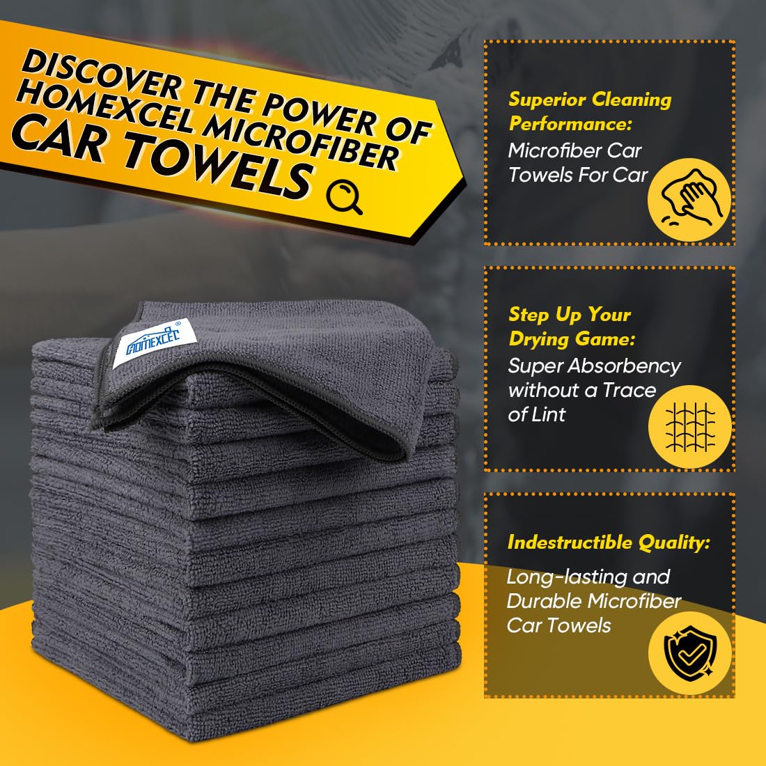 HOMEXCEL Microfiber Cleaning Cloth 12 Pack, 12.5 x 12.5 inch Microfiber Towels for Cars, Ultra Absorbent Car Washing Cloth, Lint Free Streak Free Cleaning Rags for Car, Kitchen, and Window (Grey)
