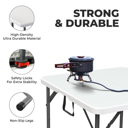 34" Square Foldable Table with Built in Handle & Steel Legs | Heavy Duty Portable | Perfect for Party, Dining, Wedding, Events, Picnic Indoor, Outdoor, Camping, Utility, Temporary