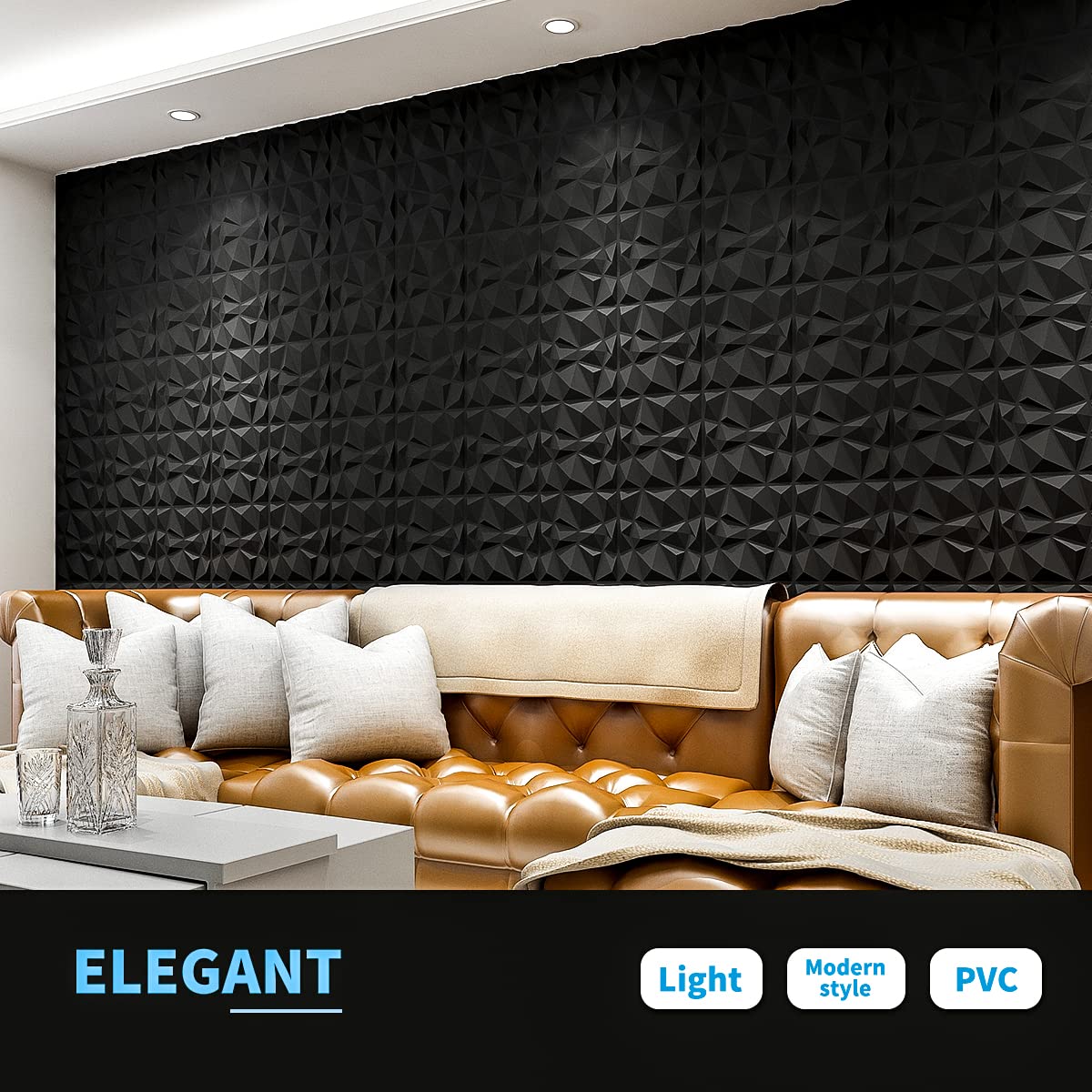 Art3d Decorative 3D Wall Panels in Diamond Design, 12"x12" Matt Black for Home and Office Decor (33 Pack)