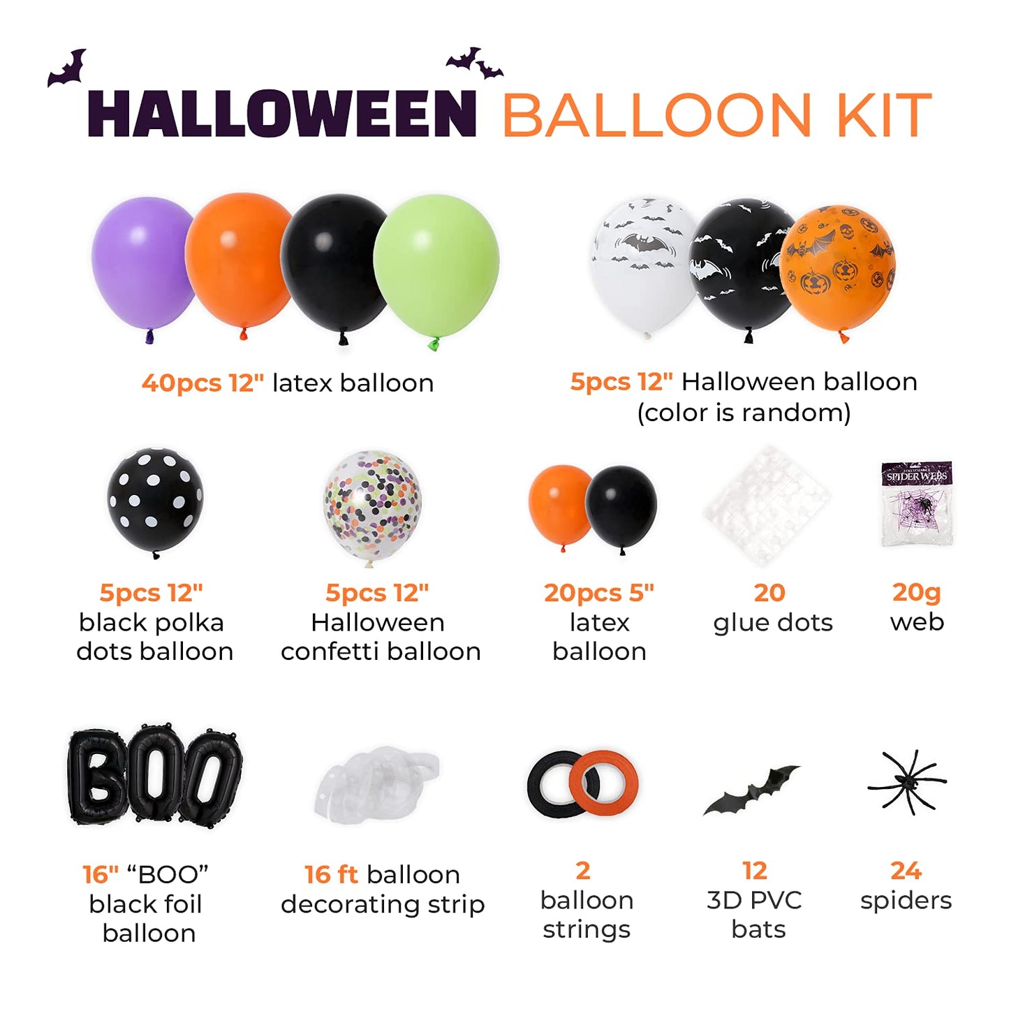 Halloween Balloon Garland Arch Kit – 98 Pcs Black, Orange, Green, Violet Latex + Bat, Pumpkin & BOO Foil Balloons with Accessories – Spooky Party Decor – DIY Kit by Vellax®
