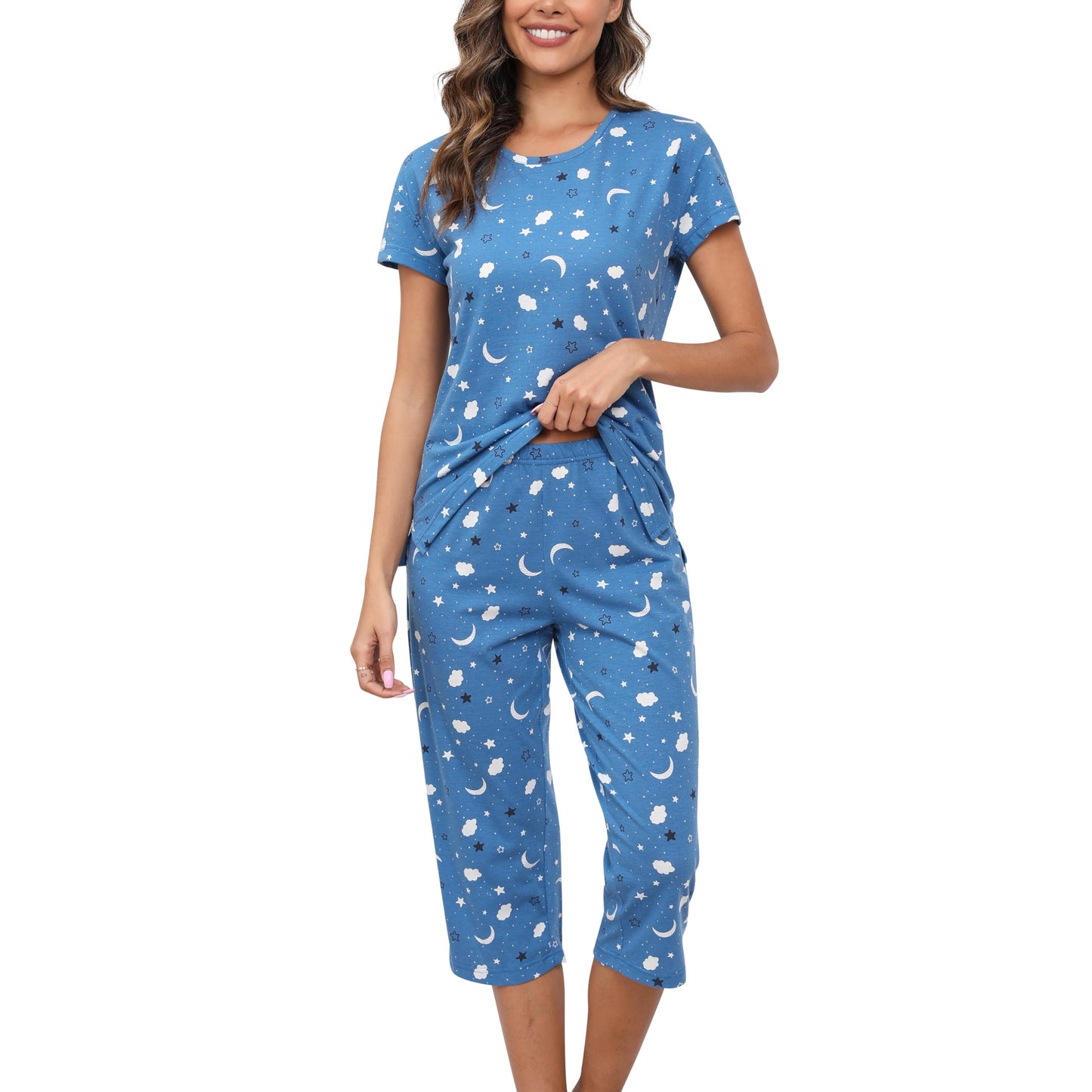 PNAEONG Women Pajama Set Sleepwear Tops with Capri Pants Casual and Fun Prints Pajama Sets Moon Night L