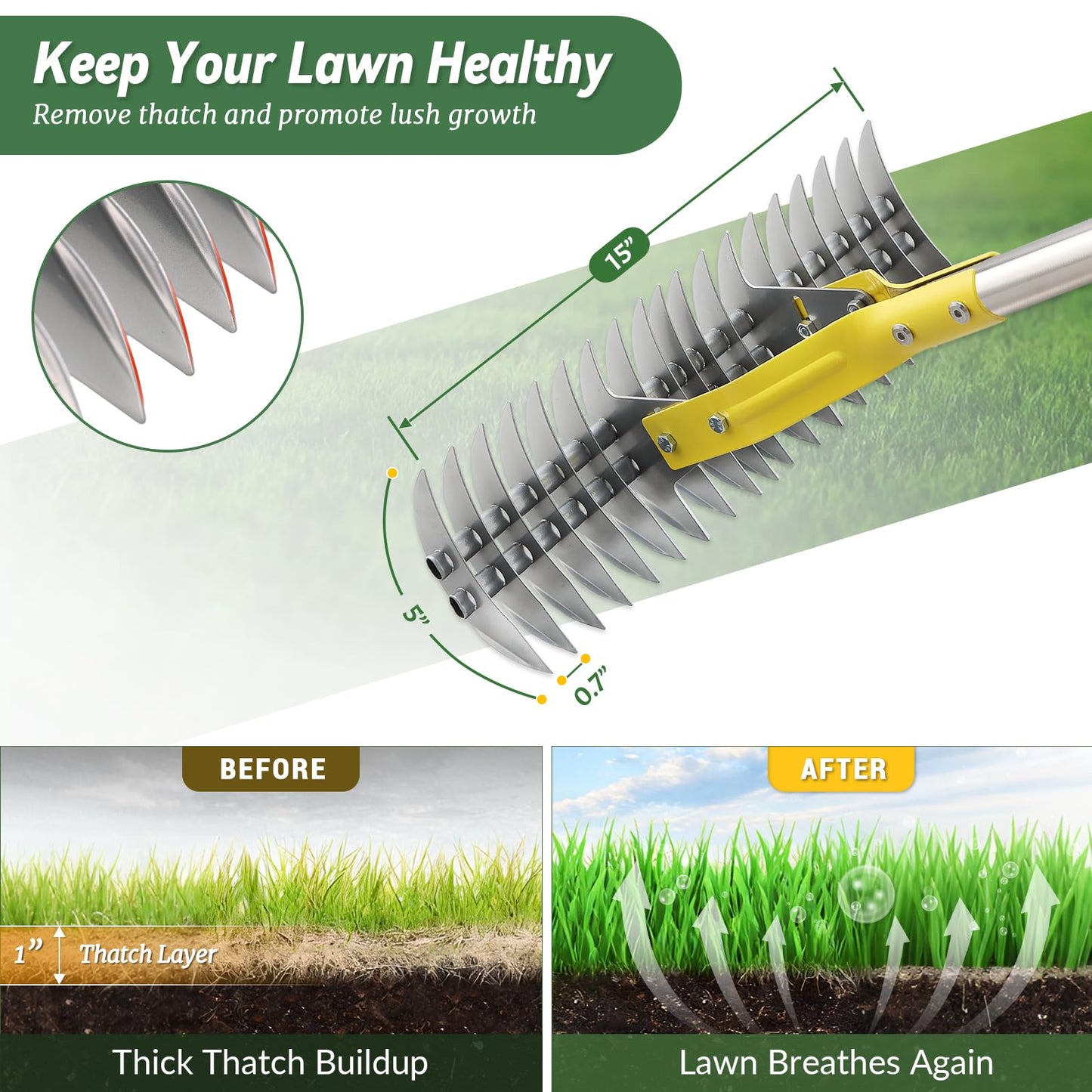 Thatch Rake, 15-Inch Wide Manual Dethatcher Rake for Cleaning Dead Grass, Loosening Soil, Efficient Stainless Steel Dethatching Rake with Long Adjustable Handle, Thatch Rakes for Lawns, Yard, Garden