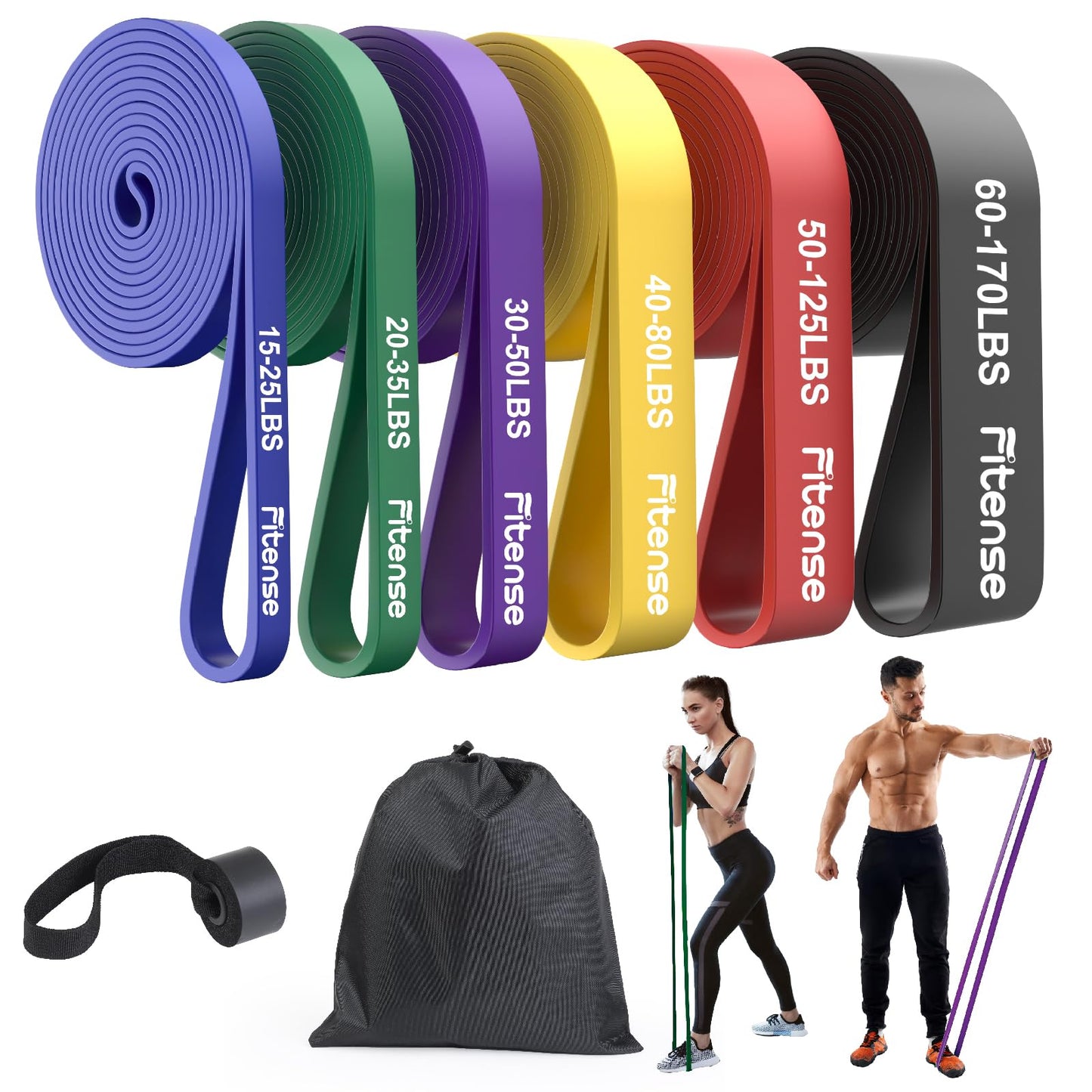 Fitense Resistance Bands Set for Men Women - 6 Resistance Levels 15-170 LBS Pull Up Bands, Exercise Bands Resistance with Door Anchor, Training Poster & Pouch for Body Stretching, Pull Up Assist