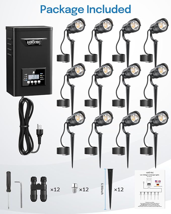 HIBOITEC Low Voltage Landscape Lighting 1200LM 12W with Connectors 200W Transformer Photocell Sensor and Timer Spotlights Landscape Lights Kit IP65 Waterproof 2700K for House Yard Trees 12 Packs