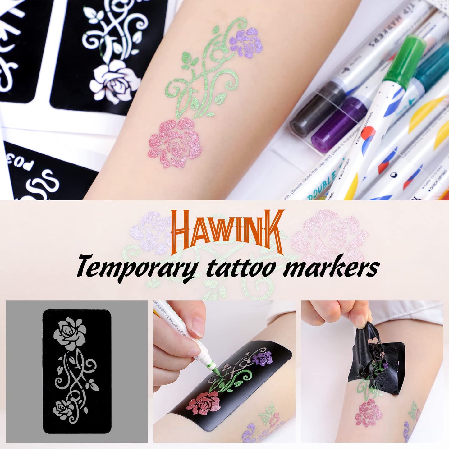 HAWINK Temporary Tattoo Markers for Skin, 10 Body Markers + 20 Large Tattoo Stencils for Kids and Adults, Dual-End Tattoo Pens Make Bold and Fine Lines ZYH2208001KIT