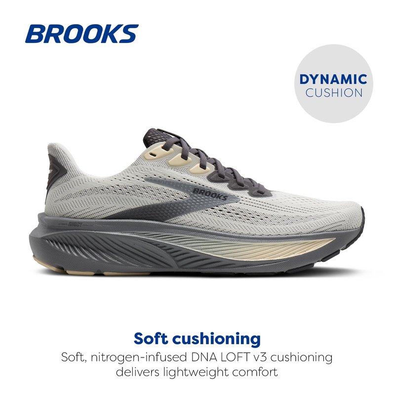 Brooks Men’s Ghost 17 Neutral Running Shoe - Vaporous Grey/Primer/Sand - 15 Medium