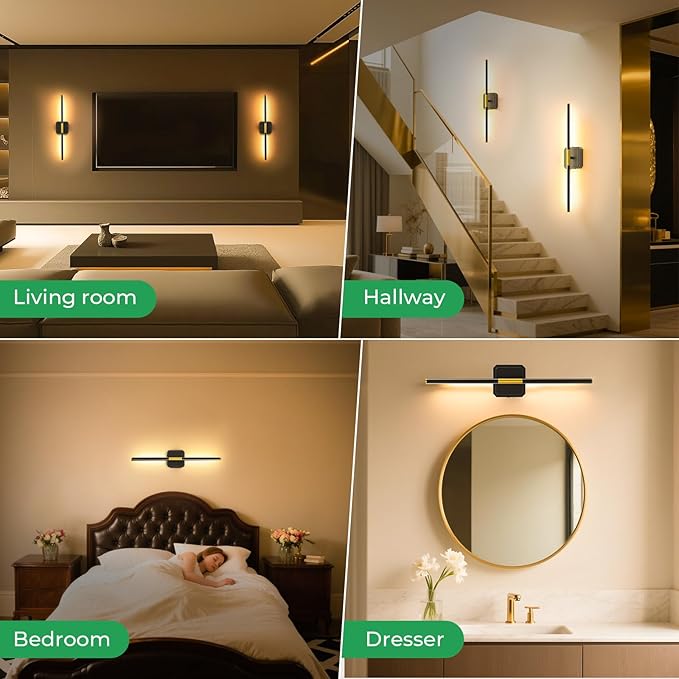 10000mAh Detachable Battery Operated Wall Sconce Set of 2, Wireless Wall Lamp 360°Rotate, 3000-6500K Dimmable, Rechargeable Modern Wall Light for Bedroom, Living Room，28.3" Black Gold