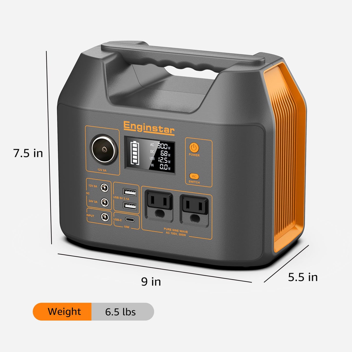 Portable Power Station EnginStar 300W Solar Generator 110V 296Wh Power Bank Two Pure Sine Wave AC Outlet 80000mAh Lithium Battery Pack for Camping Outdoors Trip RV Hunting Vans Emergency Backup