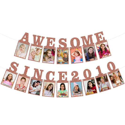 Pre-strung Awesome Since 2010 Photo Banner Birthday Decorations for Girls Women- Pink Rose Gold Glitter Sweet 16th Birthday and Anniversary Decorations Party Supplies