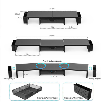 gianotter Dual Monitor Stand Riser, Desk Organizer With Drawer and 2 Pen Holders, Computer Monitor Stand, Desk Shelf for Top of Desk, Balck