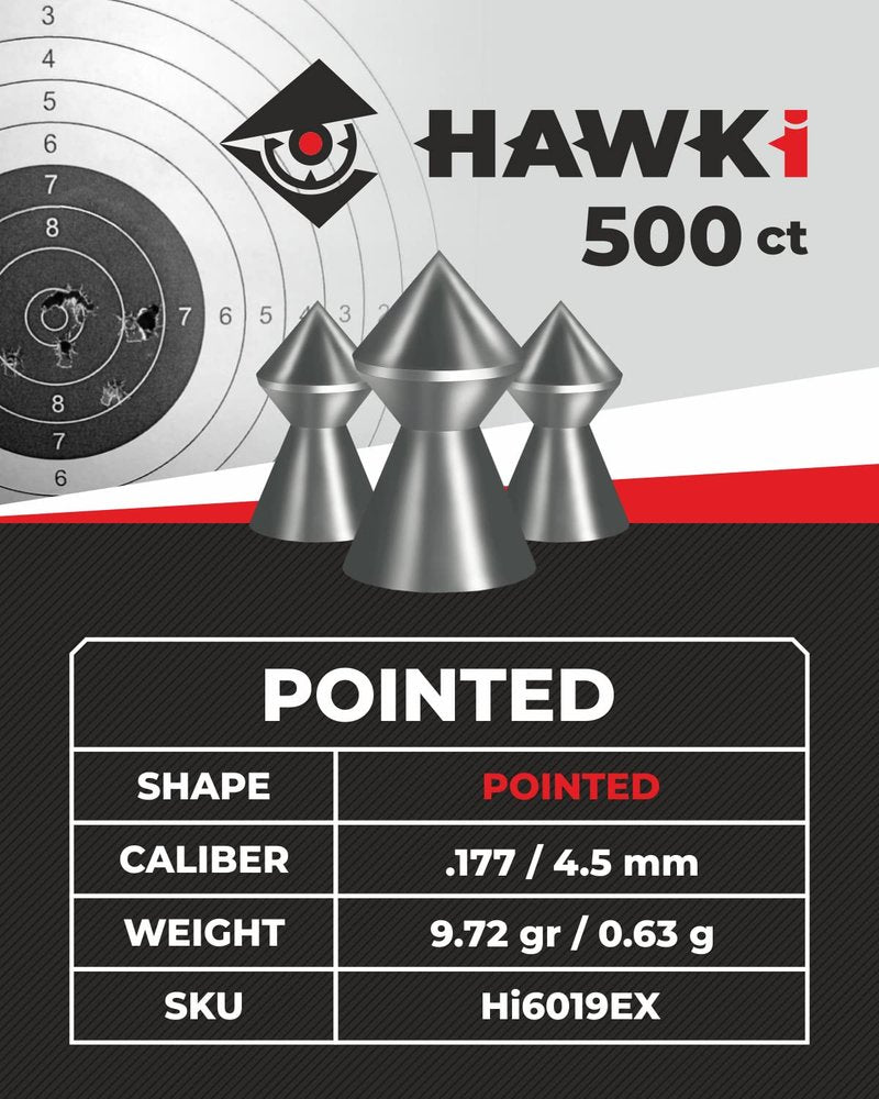 Hawki Airgun Pellets .177cal/4.5mm Caliber (9.72gr/0.63 g) 500 ct Hi6019EX Pointed