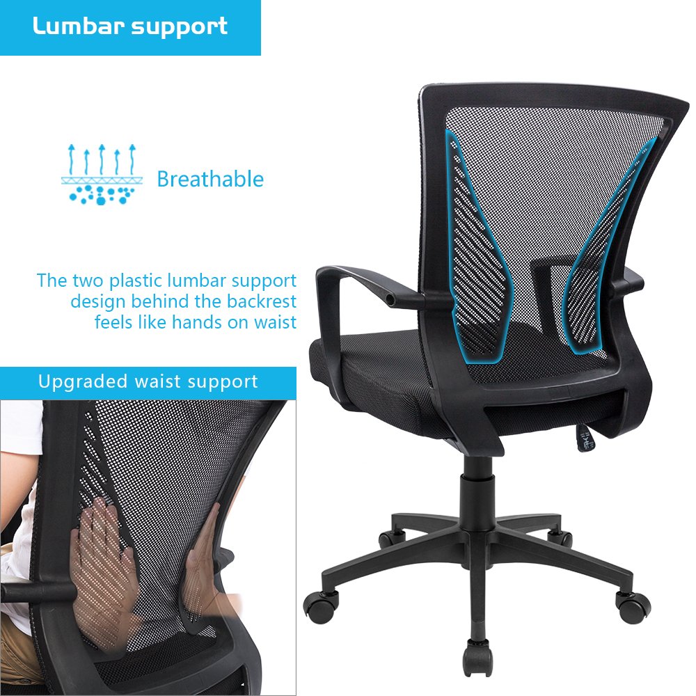 Furmax Office Chair Ergonomic Computer Desk Mesh Chair Mid Back Swivel Lumbar Support with Armrest (1, Black)