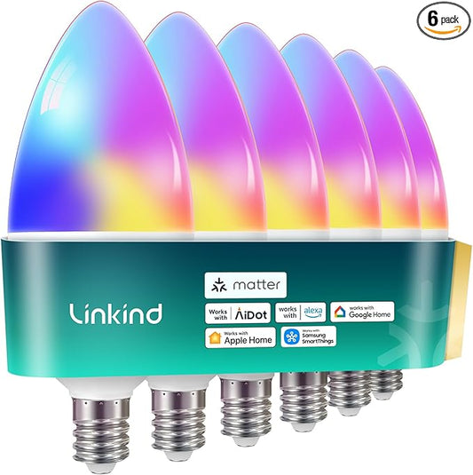 Linkind Matter Smart Bulbs, E12 Led Bulb Works with Alexa/Apple Home/Google Home, Smart Light Bulbs, WiFi Candelabra B11 Bulbs, RGBTW Color Changing Light Bulb, 2.4Ghz WiFi Bulb, 470 LM 6Pack