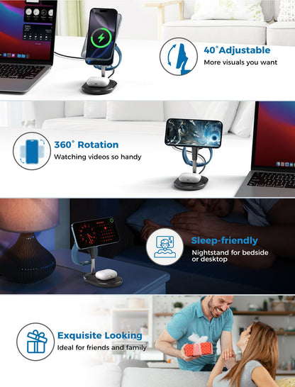 Hevanto 3 in 1 Wireless Charging Station for Apple MagSafe Charger, 15W Fast Qi-Certified Magnetic Mag-Safe Charger Stand for iPhone 16 15 14 13 12 Apple Watch AirPods, Adjustable Angle,Gifts for Men