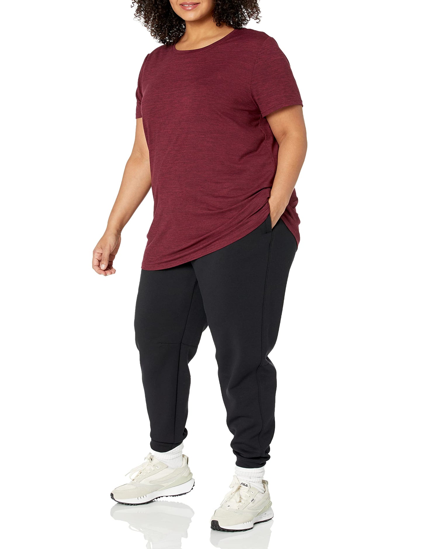 Amazon Essentials Women's Active Quick Dry Tech Stretch Short-Sleeve Crewneck T-Shirt (Available in Plus Size), Pack of 2, Black/Burgundy Space Dye, Medium