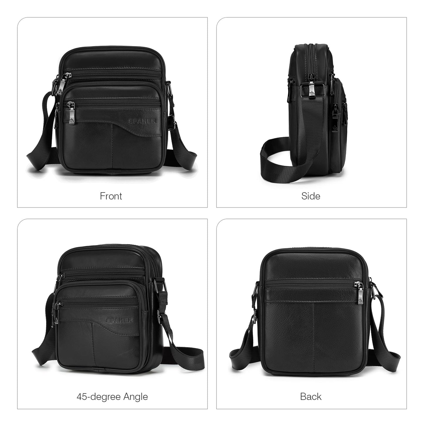 SPAHER Men Small Genuine Leather Handbag Shoulder Bag Satchel Business Messenger Backpack Crossbody Casual Sling Travelling Bag Mens Gift For Wallet Purse Mobile Phone Keys Black
