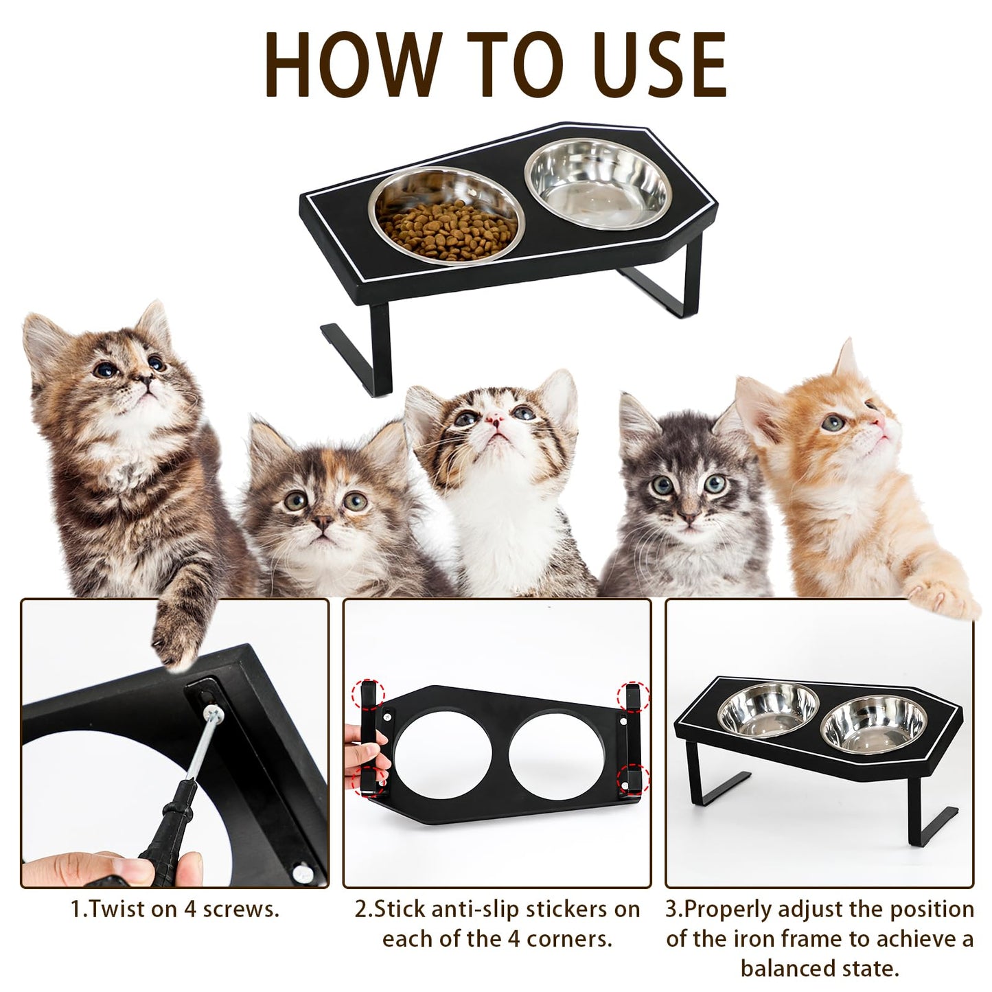 Cat Food Bowls Elevated, Gothic Cat Bowls, Raised Cat Bowls for Indoor Cats with Non-Slip Stand & Wood Board, Stainless Steel and Whisker Friendly Food Bowls