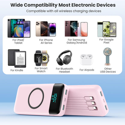 Wireless Portable Charger 40800mAh with 3 Built-in Cables,7-in-1 15W Wireless Charging Power Bank,25W PD QC 4.0 Fast Charging USB C LCD Display Battery Pack for iPhone 17/16/15/13,Samsung,Android etc