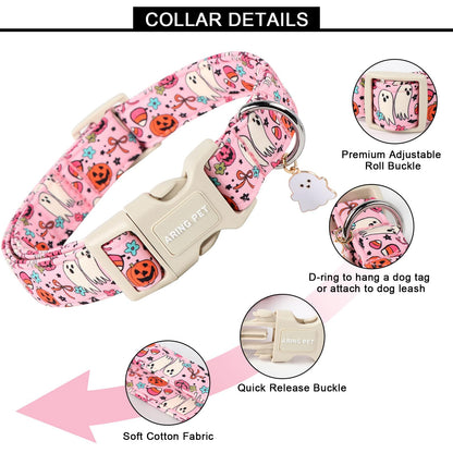 ARING PET Halloween Dog Collars, Cute Pink Pumpkin Ghost Flower Bowtie Pet Collar with Quick Release Buckle for Small Medium Large Girl Boy Dogs-L