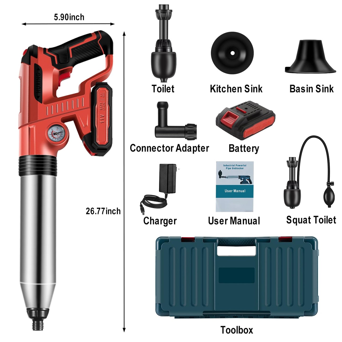 Electric Toilet Plunger，Drain Clog Remover Tools,High Pressure Air Toilet Plungers Heavy Duty Plunger For Toilet,Bathroom,Floor Drain,Sewer,Pipe，RED