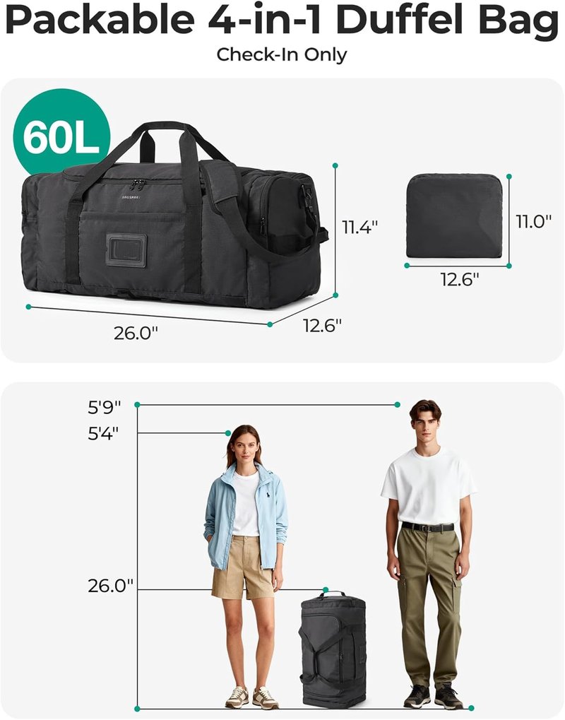 60L Foldable Duffle Bag - Large Travel Duffel & Backpack | Army Green