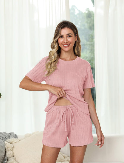 EISHOPEER Knit Matching Pajamas Sets Couple Drawstring Nightwear Short Sleeve Sleepwear 2 Pieces Loungewear with Shorts Pink Large