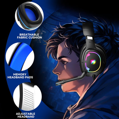 Jimonyer Gaming Headset for PC/PS4/PS5/Xbox One/Switch, Stereo Surround Sound Gaming Headphones with Noise Canceling Flexible Mic, Computer Headset with 3.5mm Jack & RGB Light(Blue)