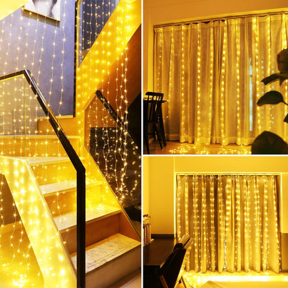 2MX2M Curtain Lights Mains Powered, Window Curtain Light Backdrop Indoor Fairy Lights Plug in for Room, Linkable,204 LED,Remote,Waterproof for Wall Gazebo Xmas(Warm White)