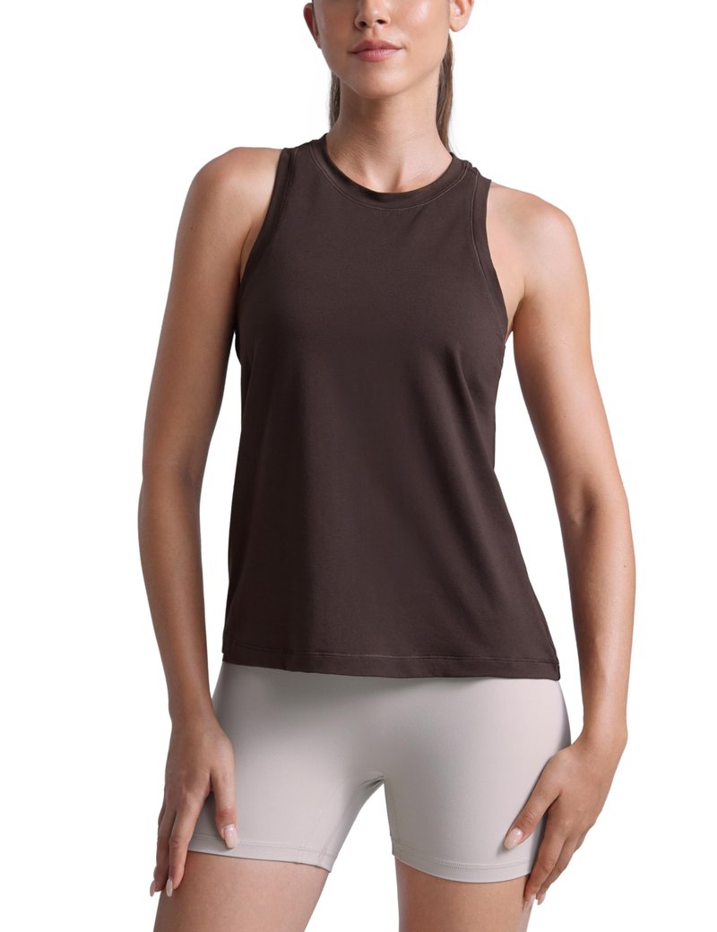 CRZ YOGA Cotton-Blend Workout Racerback Tank for Women Athletic High Neck Breathable Tops Casual Basic Sleeveless Shirts Hot Fudge Brown Medium