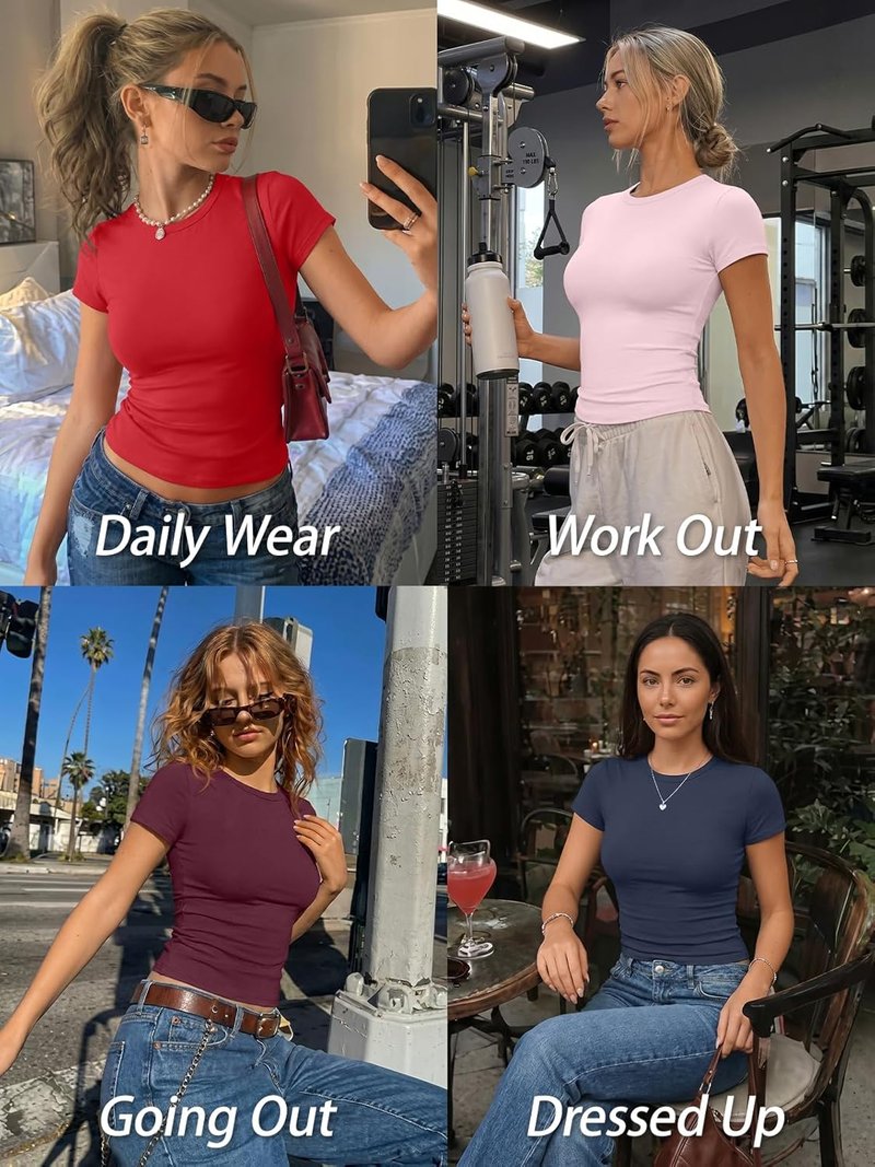 Trendy Queen Women's Basic T-Shirts - Stretchy Soft Slim Fit Summer Crop Tops | Y2K Style
