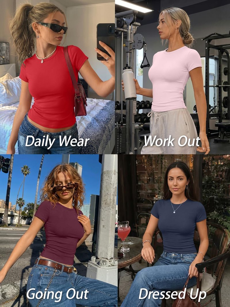 Trendy Queen Womens Basic T Shirts - Stretchy Soft Slim Fit Short Sleeve Y2k Cute Summer Crop Workout Tops Black S