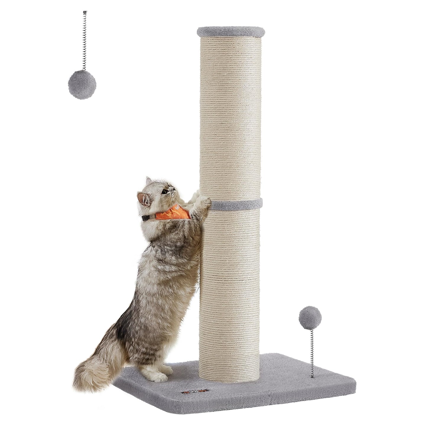 Feandrea Cat Scratching Post, 85 cm Tall Cat Scratcher for Medium and Large Cats, Furniture Scratching Deterrent Sisal Scratch Pole, Spring Pompom with Built-in Bell, Dove Grey PCA041G01
