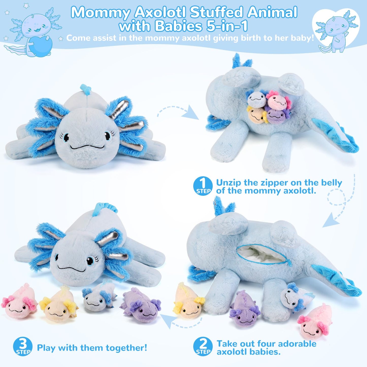 gnomantic 5 Pieces Axolotl Stuffed Animals with Babies Inside Belly - 1 Mommy Stuffed Axolotl with 4 Babies - Blue Axolotls Plush Toy for Kid Age 3-8, Gift Ideal for Christmas, Valentine's, Birthday