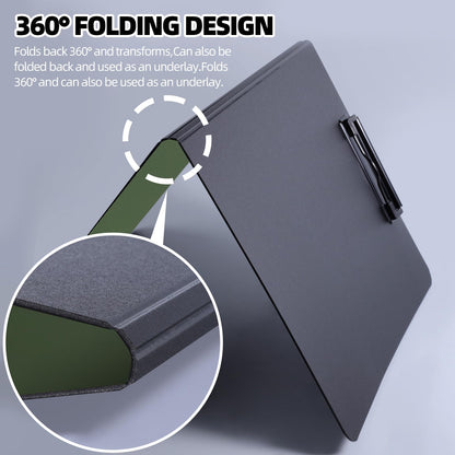 FRETONBA Clipboard Folder, A4 Foldable Clipboard with Horizontal and Vertical Double Metal Clips, 360 Degree Foldable Binder Clipboards with Pen Holder, File Cover Work Folder Clipboards, Green