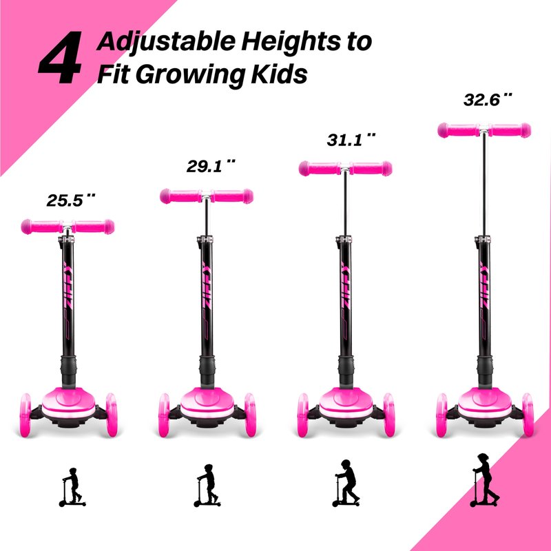 JOVA ZIFFY Kids Scooter for Boys & Girls LED Light-Up Wheels, 4 Adjustable Height Handlebars, and Lean-to-Steer Design with Anti-Slip Wide Surface for Stability - Up to 110LBS(Red)