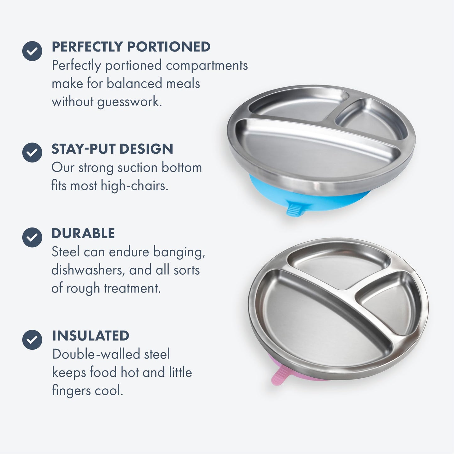 Avanchy Baby Plates with Suction – Stainless Steel Divided Plates for Toddlers, BPA-Free, Dishwasher Safe, Unbreakable, Non-Toxic, 100% Silicone Suction – Magenta