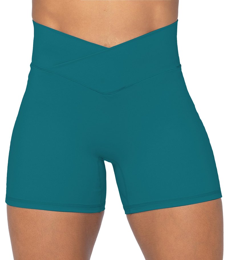 Sunzel Sunzfly Crossover Biker Shorts for Women, V Criss Cross High Waist Yoga Workout Gym Shorts with Tummy Control 4" Deep Lagoon Large