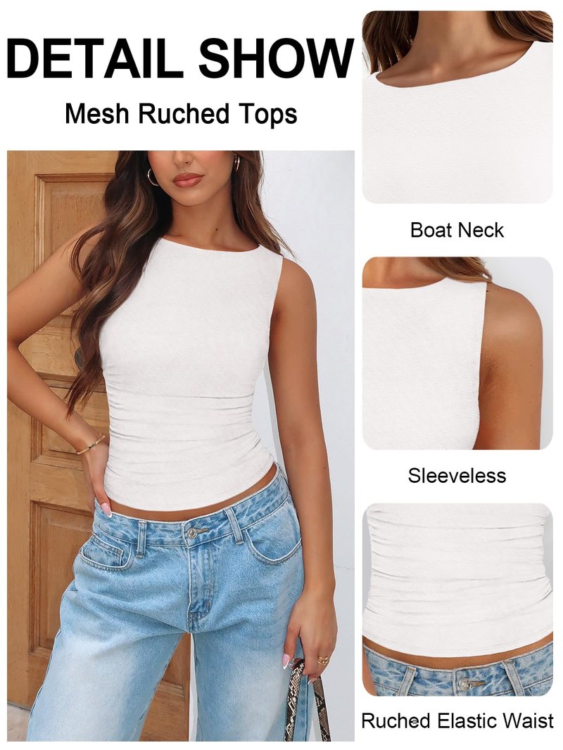 MIYIEONZ Womens Boat Neck Tops for Women Mesh Ruched Double Lined Tank Top Y2k Cute Going Out Summer Clothes Medium White