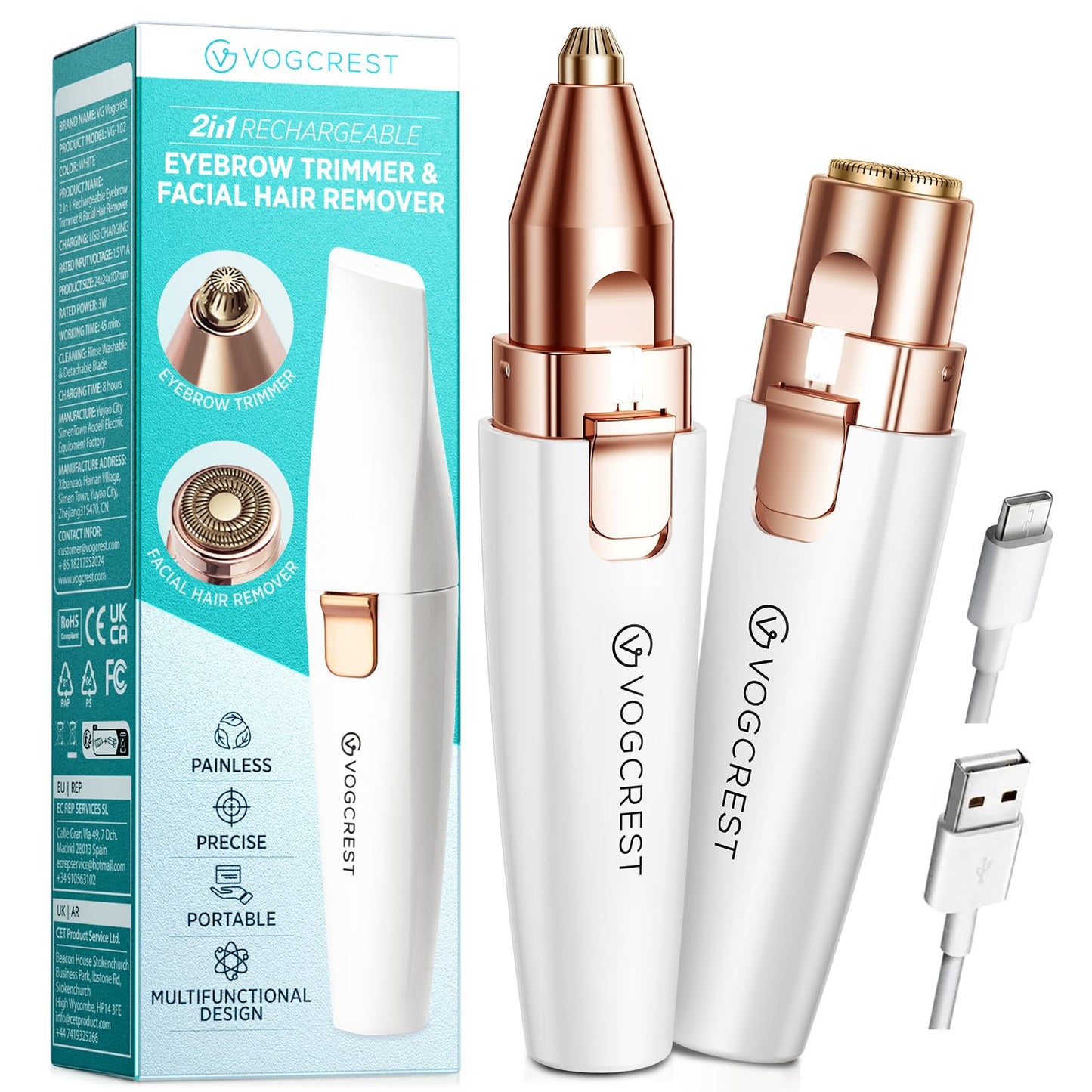 VG VOGCREST Eyebrow & Facial Trimmer: 2 in1 Rechargeable Facial Hair Removal & Eyebrow Shaver - Body Razor with Built-in LED Light (Rose Gold)