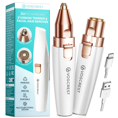 VG VOGCREST Eyebrow & Facial Trimmer: 2 in1 Rechargeable Facial Hair Removal & Eyebrow Shaver - Body Razor with Built-in LED Light (Rose Gold)