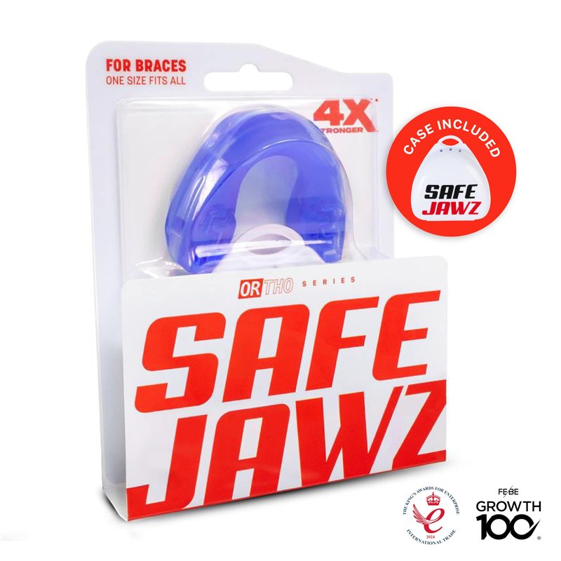 SAFEJAWZ Mouth Guard for Braces, Upper & Lower Protection Mouthguard with Case, Easy Fit Remoldable Mouthpiece for Football, Boxing, Lacrosse, MMA, Basketball & All Contact Sports (One Size, Ice Blue)