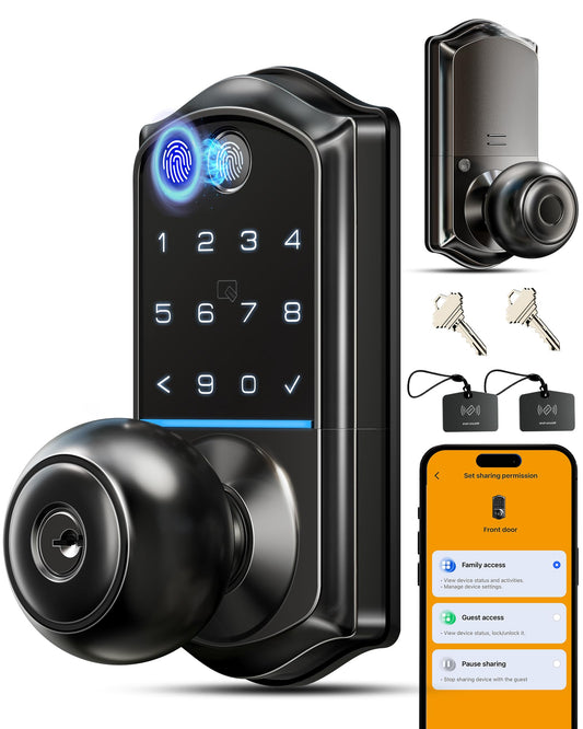 Veise VE018 Smart Knob Handle Lock - Fingerprint, App Control, Keyless Entry for Front Door and Bedroom, Electronic Digital Keypad, Auto Lock, Remote Access Sharing, Easy Installation, Matte Black