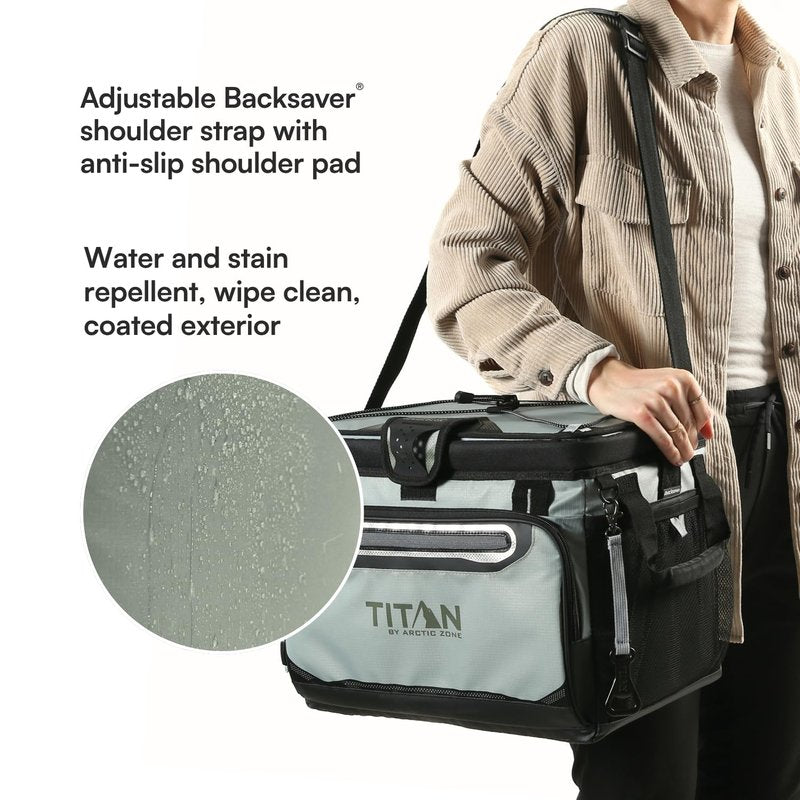 Titan by Arctic Zone Zipperless Soft Sided Cooler with HardBody Liner and SmartShelf, Insulated Bag with Shoulder Strap and Bottle Opener for Beach, Picnic, and Travel, 30 Can Capacity, Seagrass