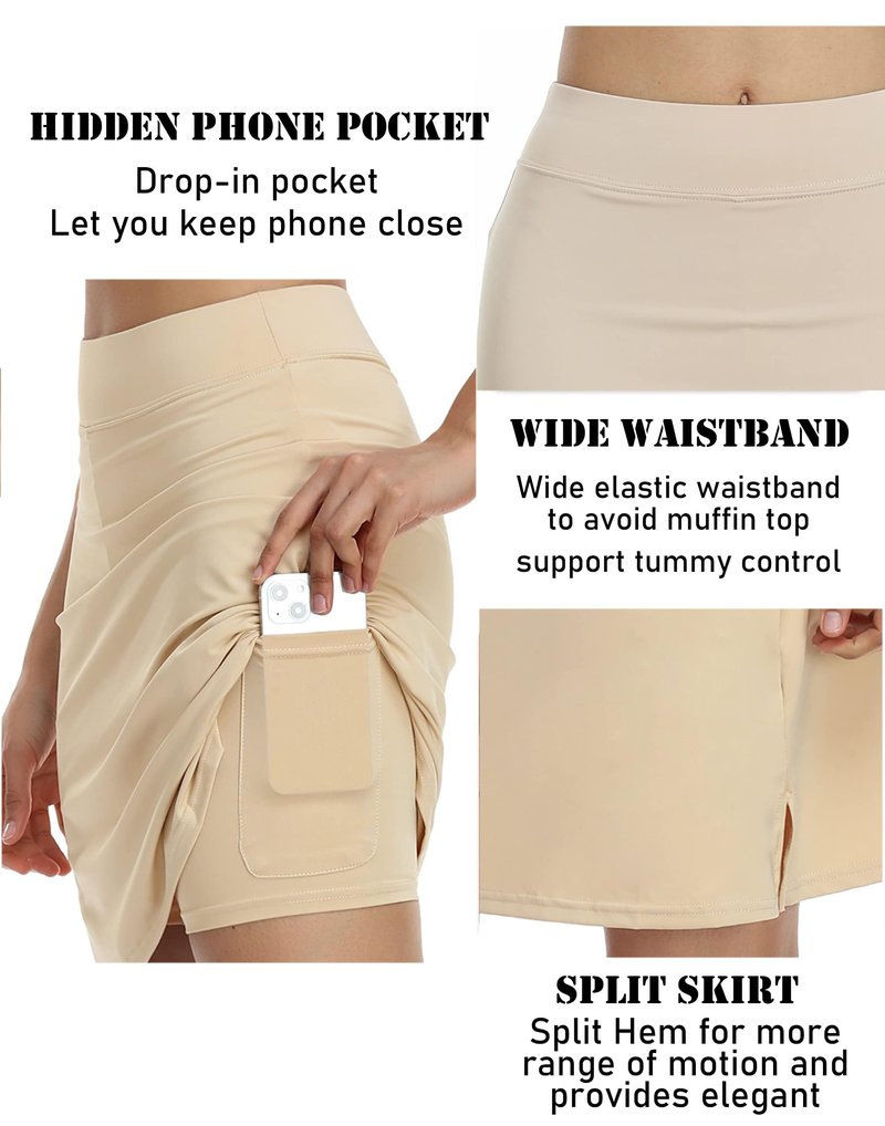 COOrun 20" Knee Length Skirts for Women Quick Dry Golf Skirts with Underneath Pockets Lightweight Tennis Skirts Modest Skirts,Light Khaki L