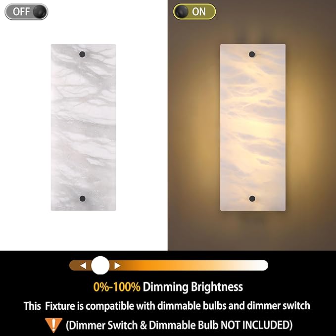 2 Pack 2 Light 13" Alabaster Marble Bathroom Wall Sconce Modern Concise Style Wall Light Fixture,Black Finish for Bedroom Hallway Bedside