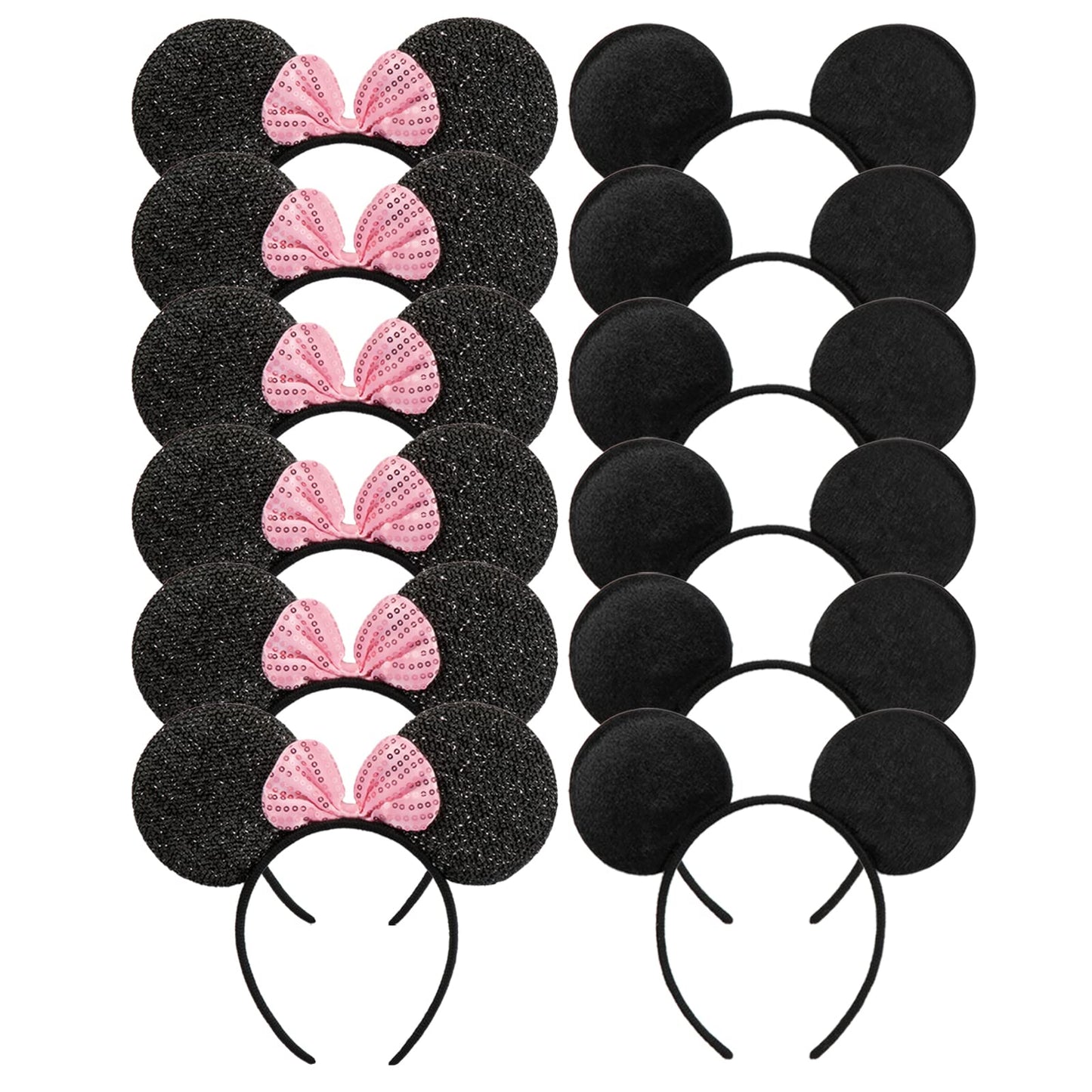 CHuangQi Mouse Ears Solid Black and Pink Sequins Bow, Set of 12